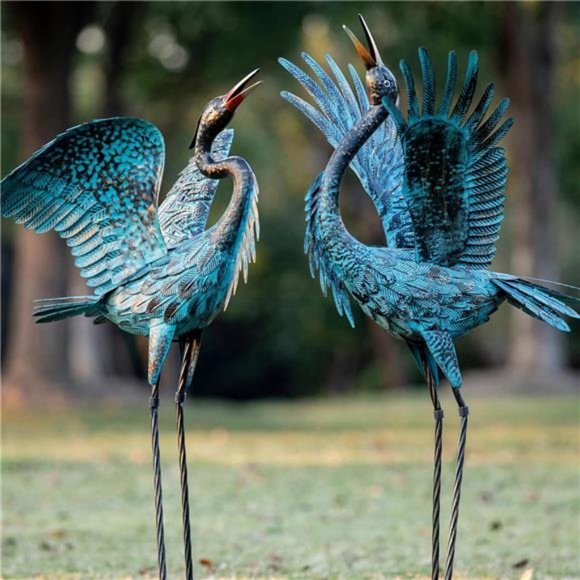 Garden Crane Sculptures & Statue Blue Heron Decor Large Metal Heron(Set of 2)